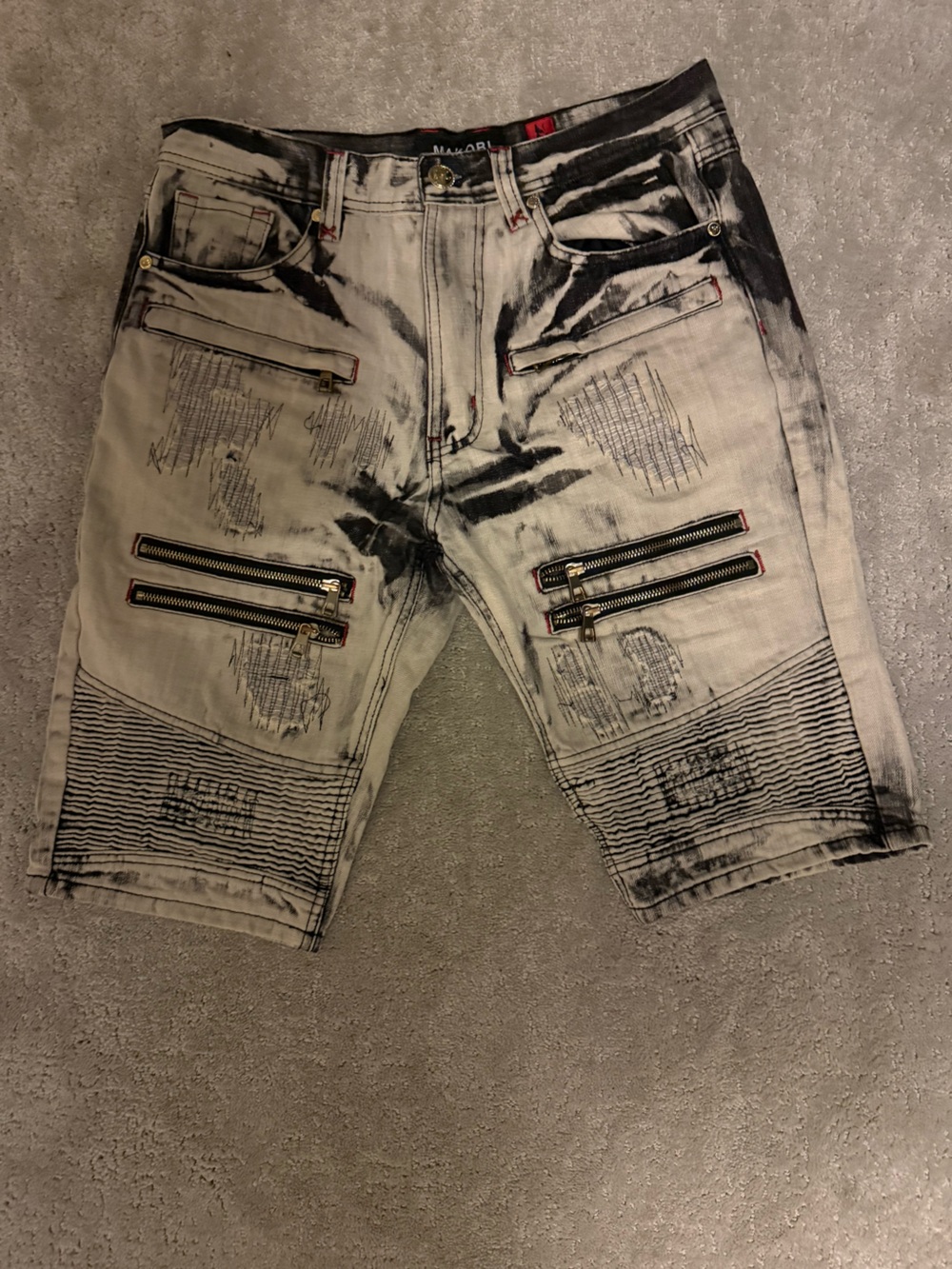 Washed Black & White Ripped Jean Shorts with Zipper Accents